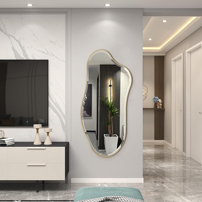 POZINO Irregular Beveled Mirror, 53"x26.5" Modern Organic Shaped Mirror with Metal Frame, Gold Asymmetrical Aesthetic Wall Mirrors for Bathroom Living Room Bedroom Entryway, Horizontal/Vertical