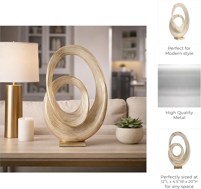 Abstract Ring Art Home Decor Sculpture Figurine - Modern Table Accent for Coffee Table and Room Display - Oval Ornament for Living Room, Bathroom, Office or Shelf Use - 20", Gold & Metallic