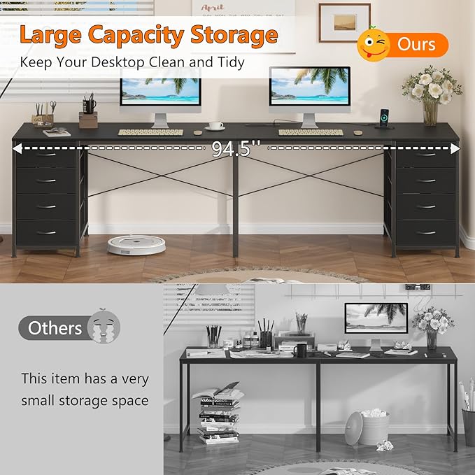 YOMILUVE 95'' Two Person Desk with 8 Drawers, Long Office Desk with Charging Station, 2 Person Desks Double Desk Writing Study Table for Home Office, Black