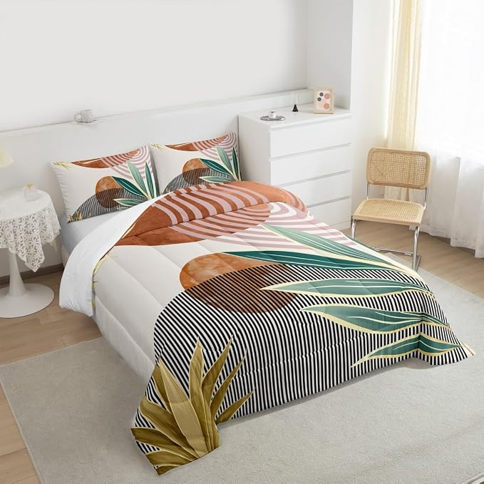 Erosebridal Boho Mid Century Comforter Set Queen Vintage Bedding Set for Boys Girls,Abstarct Retro Stripes Down Comforter Modern Minimalist Simplistic Duvet Insert,Brown Room Decor