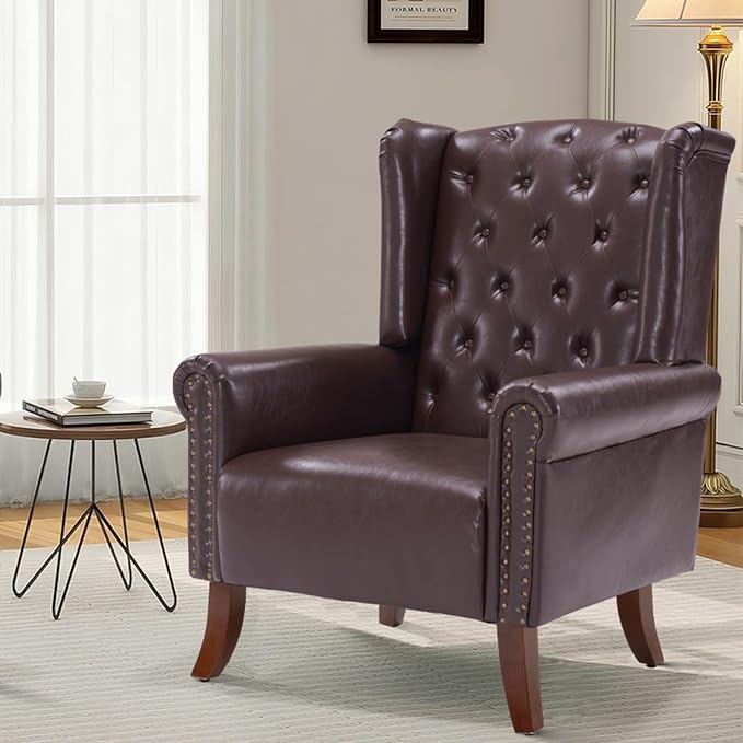 PU Leather Accent Chair Modern Wingback Armchair Club Sofa Chair High Back Living Room Chair for Bedroom, Office, Lounge (Caramel)