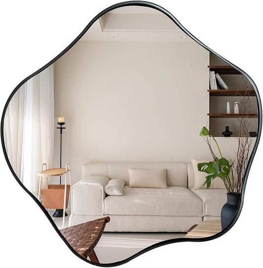 Irregular Round Mirror, 16" Scalloped Mirror for Over Sink, Asymmetrical Wall Mirrors Decorative, Modern Wavy Circle Mirrors for Living Room Bathroom Bedroom Hallway Entryway Fireplace