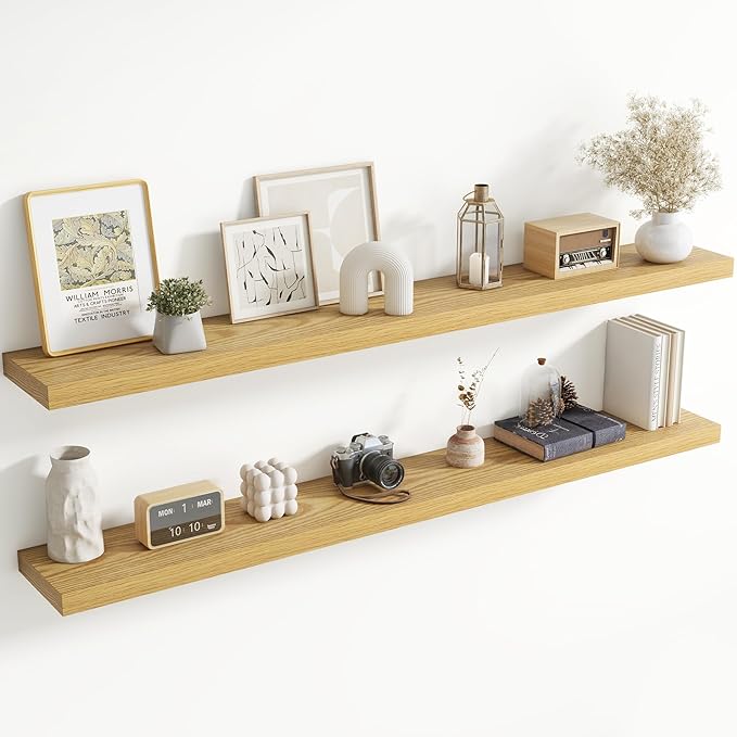 72 Inch Floating Shelves for Wall, 8 Inch Deep Floating Shelf for Storage & Display, Rustic Wall Mounted Shelf with Invisible Brackets for Living Room, Kitchen, Bathroom, Home Decor, Set of 2, Oak
