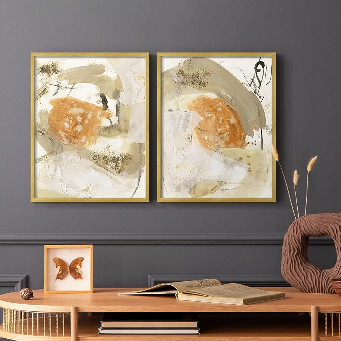 Renditions Gallery Set of 2 Peel & Stick Framed Prints, Neutral Abstract Wall Art, Earthy Tones Blended Brushstrokes Wall Decor, Re-Stickable - Ready to Hang - 8"x10" - GOLD Frame LT588