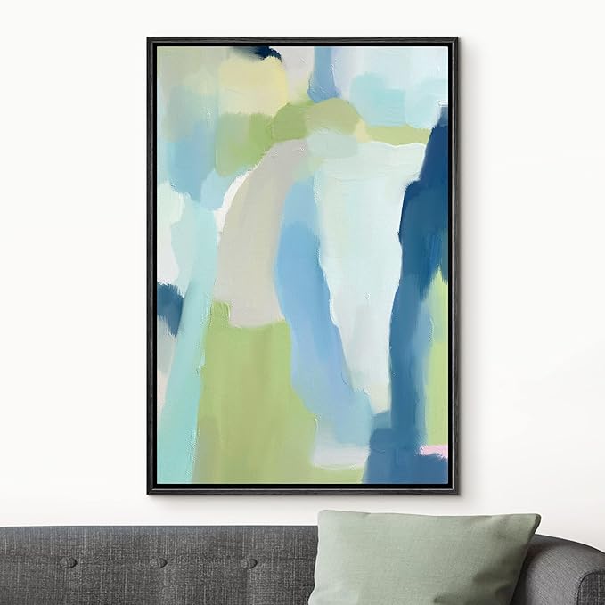 MUDECOR Framed Canvas Print Wall Art Vibrant Green Blue Pastel Watercolors Abstract Shape Illustrations Modern Art Decorative Bohemian Colorful Chic for Living Room, Bedroom, Office - 24"x36" Black