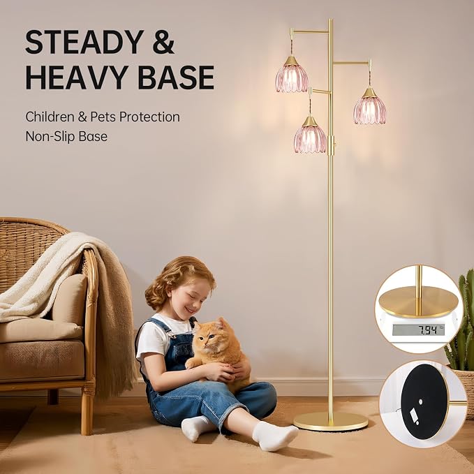 Shenmoyl Stepless Dimming Floor Lamps for Living Room, Bedroom, Gold Standing Lamp with 3pcs 6W Bulbs, Vintage Brass Floor Lamp for Corner, Nursery (Pink Tulip)