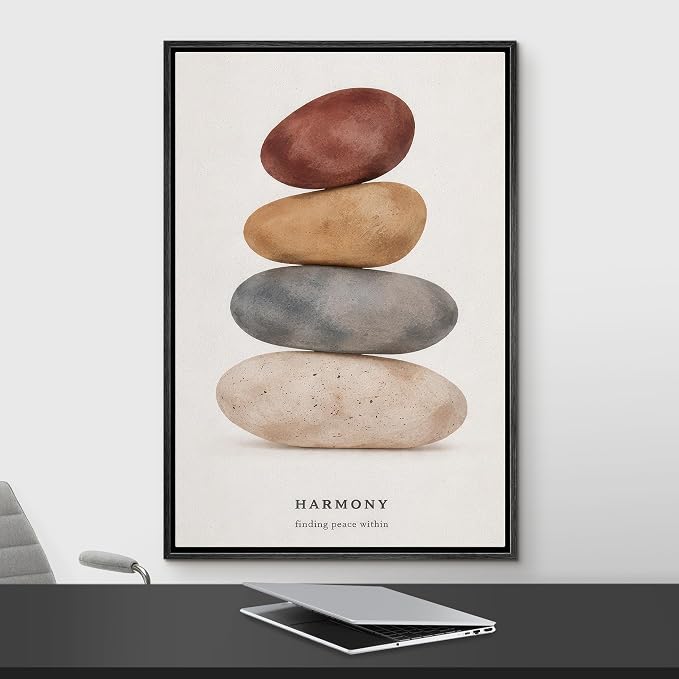 Woodrose Framed Canvas Print Wall Art Zen Balance Stones Harmony Typography Illustrations Modern Art Minimalist 3D Colorful Ultra for Living Room, Bedroom, Office - 16"x24" BLACK