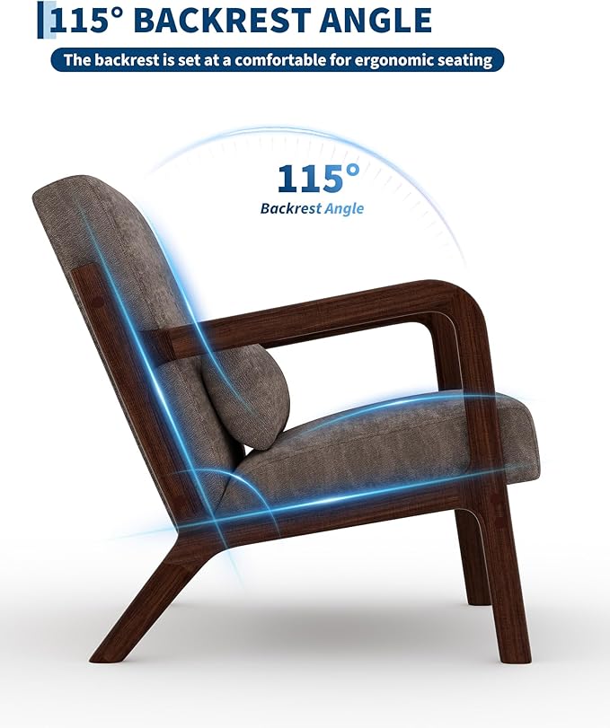 Garvee Mid-Century Modern Accent Chair, Chenille Upholstery, Solid Wood Armchair with Removable Lumbar Pillow, Sturdy Reading Chair for Living Room, Bedroom, Guest Room, Easy Assembly, Brown