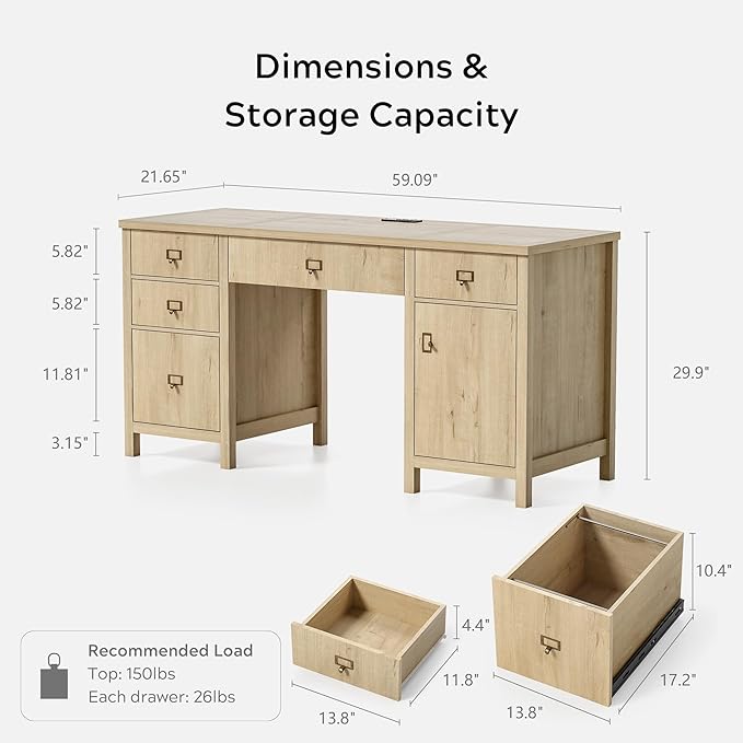 EYYTHUNG Modern Executive Desk with File Drawers Cabinet,59" Computer Desk with Charging Station, Keyboard Tray, Large Home Office Desk, Farmhouse Wood Desk for Study, Writing, Light Oak