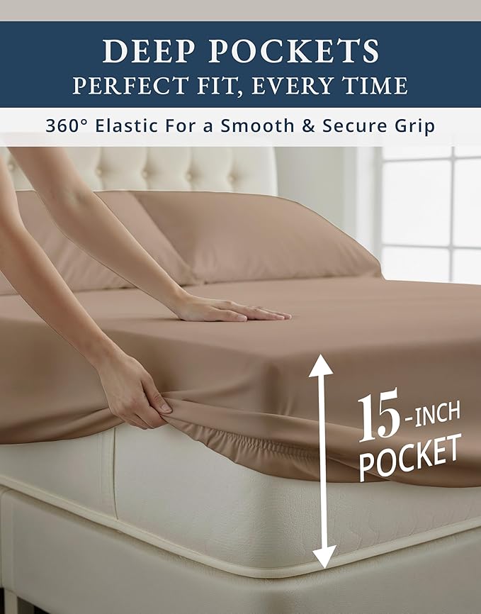100% Egyptian Cotton Sheet Set Queen Size – Silky Sateen Weave Queen Sheet Set for Winter Sleep Comfort, 15" Snug Fit Deep Pocket, Breathable & Durable, Hotel-Quality Soft Luxury You Can Feel - Taupe
