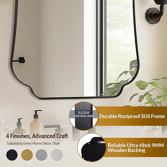 ANDY STAR Matte Black Mirror 26x38 Inch, Scalloped Wall Mirror, Unique Rectangular Bathroom Mirror in Premium Stainless Steel Metal Frame 1’’ Deep, Hangs Vertically/Horizontally