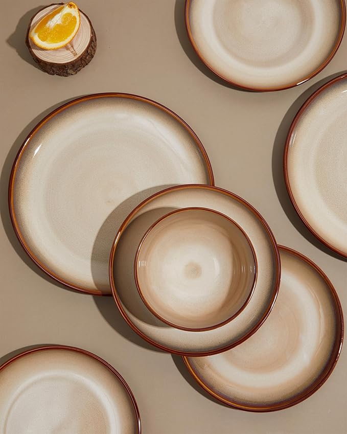 Stoneware Dinnerware Set Service for 4, 12 pcs Reactive Glaze Plates and Bowls Sets, Handmade Round Dishes Set, Highly Chip and Crack Resistant Modern Plate Set, Brown Yellow