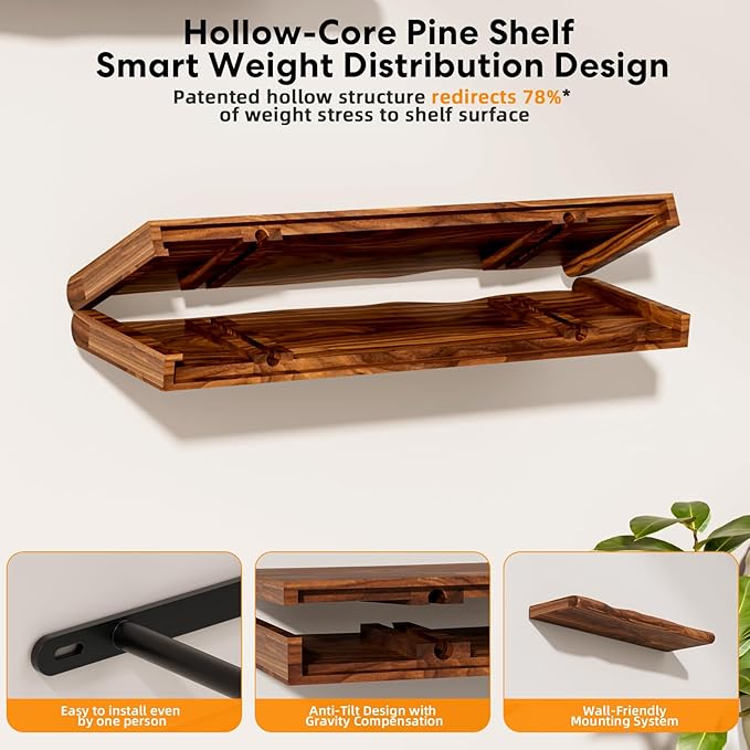 Floating Shelves for Wall Rustic Farmhouse 24 Inch Floating Shelf Bathroom Wooden Shelves for Wall Mounted Live Edge Pine Wall Shelf with Unique Natural Grain for Living Room Bedroom Kitchen (Walnut)
