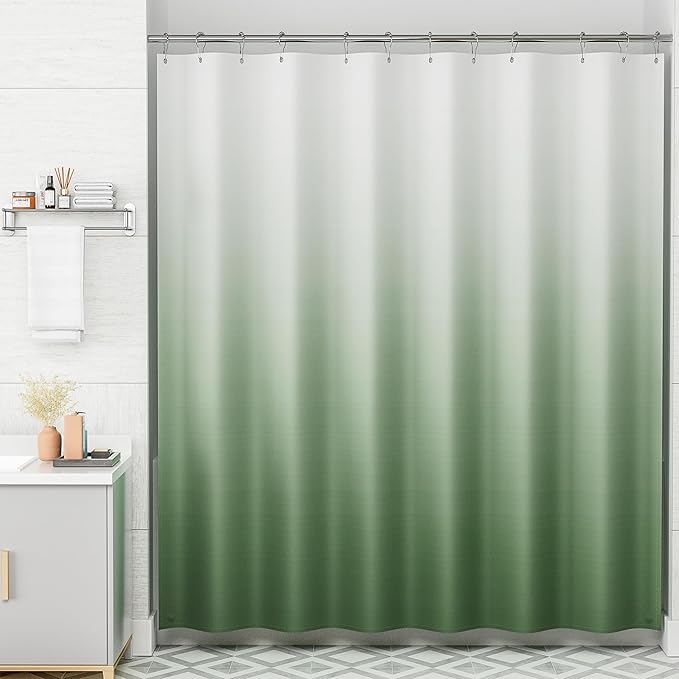 AmazerBath Fabric Shower Curtain Set, Ombre Grass Green Curtain with 12 Curtain Hooks, Rustic Cloth Green and White, Cute Washable Bathroom Shower Curtain, 72x72 Inches