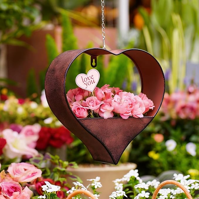 Metal Plant Hangers Indoor and Outdoor: Valentines Day Gifts for Her Wife Women Mom Garden Lovers Birthday - Heart Shape Hanging Planters for Window Wall Living Room Office Decor(Rustic)