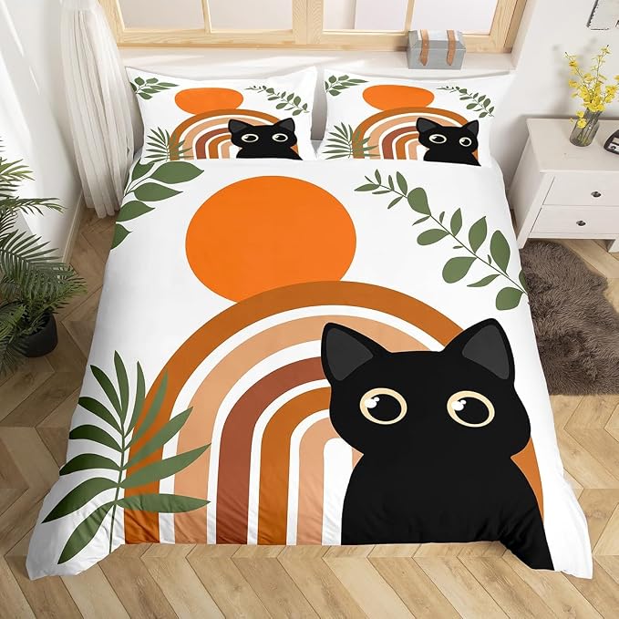 Erosebridal Funny Cat Comforter Cover King Vintage Mid Century Bedding Set Modern Minimalism Animals Duvet Cover for Kids Girls Boys Adults Boho Abstract Geometric Bed Set
