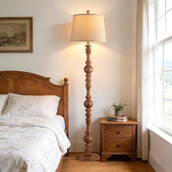 QiMH Vintage Floor Lamp for Living Room,61" Tall Rustic Standing Lamp with Linen Lampshade, Rotary Switch Farmhouse Floor lamp for Bedroom, Corner, Dining Room, Home Decor, Wood Grain