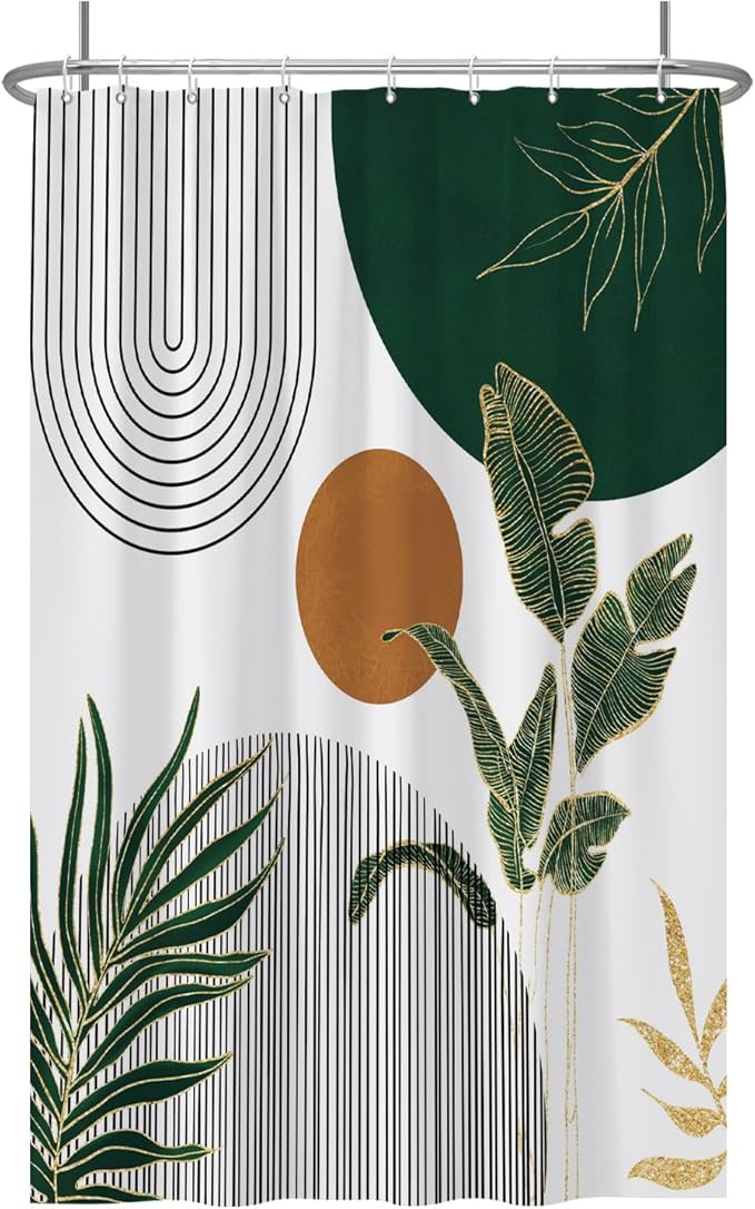 Baocicoo Boho Mid Century Shower Curtain Abstract Sun Green Banana Leaves Curve Aesthetic Shower Curtain for Bathroom Cubicle Living Room Waterproof Curtain for Bathroom with Hooks 48x72 Inches