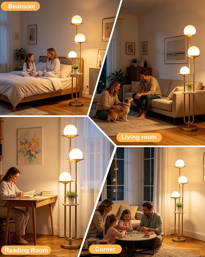 Lightdot 3-Globe Dimmable Floor Lamp with Table Modern Floor Lamps 3000K Warm White Bulbs Included Gold Tall Standing Lamp with 5Lbs Heavy Base for Living Room/Bedroom/Sofa Beside/Corner Decor