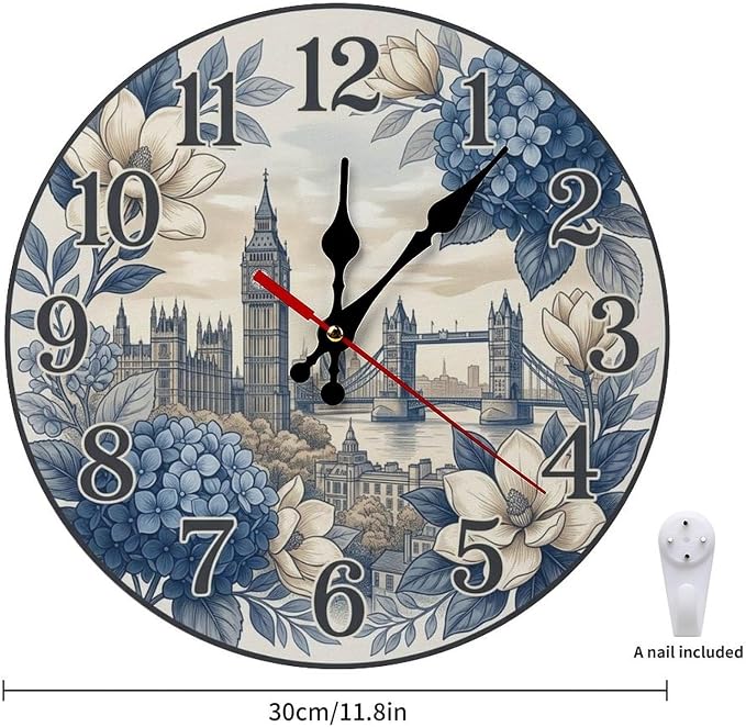 Vintage Style London Hydrangea Cityscape Silent Wall Clock Non Ticking Wooden Frameless for Home Decor, Office, Kitchen, Unique Gift
