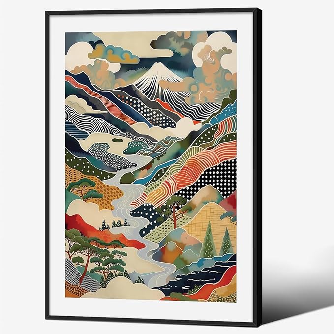 Japanese Mount Fuji Poster Colorful Nature Landscape Mountain Wall Art 24X36 inch Black Framed Modern Trendy Abstract Aesthetic Canvas Prints Wall Decor for Home Bedroom
