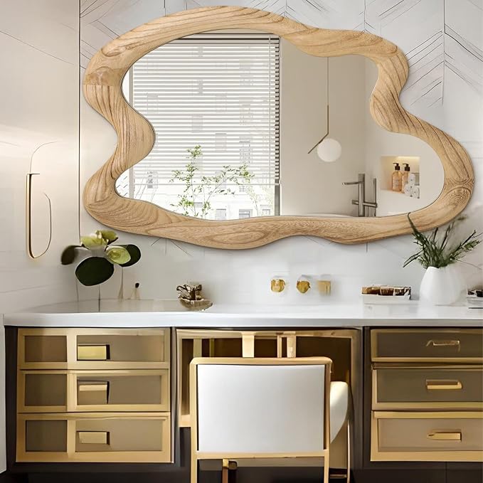 AAZZKANG Large Rustic Wall Mirror with Wooden Frame Irregular Wall Mirror 32"x24" Decorative Asymmetrical Hanging Mirror for Bathroom Bedroom Living Room Entryway