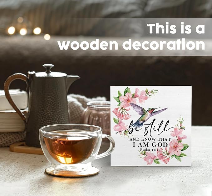 Be Still and Know That I Am God Sign - Inspirational Christian Hummingbird Office Bathroom Home Kitchen Desk Shelf Decor,Christian Scripture Hummingbird Wooden Box Signs,God Decor for Home