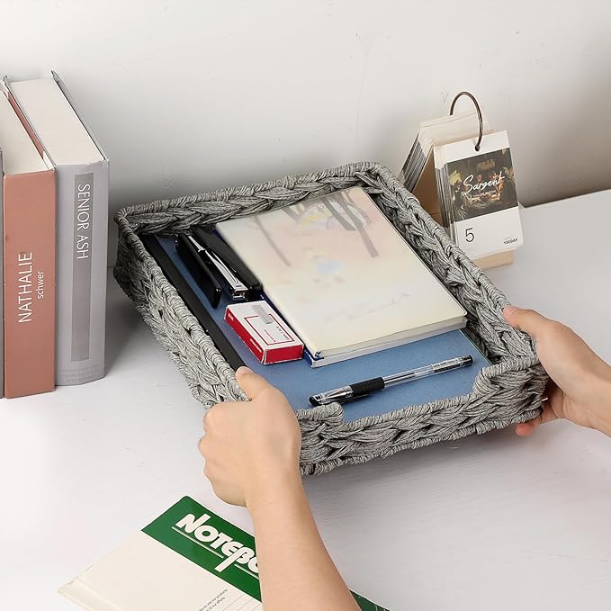 BTSKY Plastic A4 Paper Tray Organizer for Desktop Accessories, Hand-Woven File Holder with Sturdy Frame, All-in-One Storage for Letters, Magazines and Notebooks, Office and Home Supplies, Grey