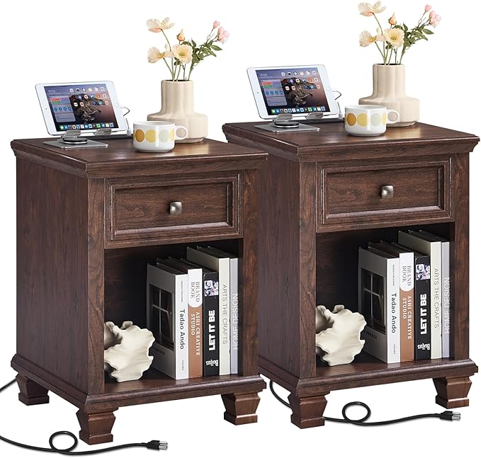 Farmhouse End Tables Living Room Set of 2, Rustic Wood Nightstand with 1 Drawer, Brown Bedside Table with Open Shelf for Bed Room, Side Tables for Living Room, Walnut