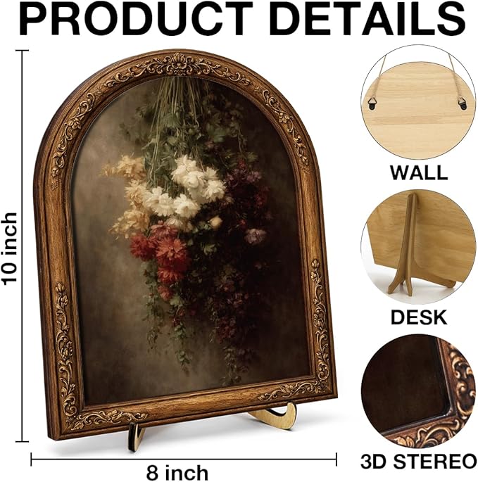 Dark Floral Wall Art Sign for Vintage Home Decor, Moody Flower Arch Wooden Tabletop Plaque, Gothic Farmhouse Shelf Accent, 8x10 Inch