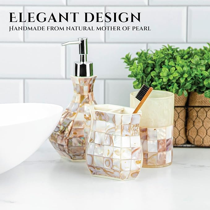 Milano Toothbrush Cup - Electric Toothbrush Holder for Bathroom fits Toothbrushes and Toothpaste - Bathroom Tumbler Cup Finished with Beautiful Mother of Pearl Shells