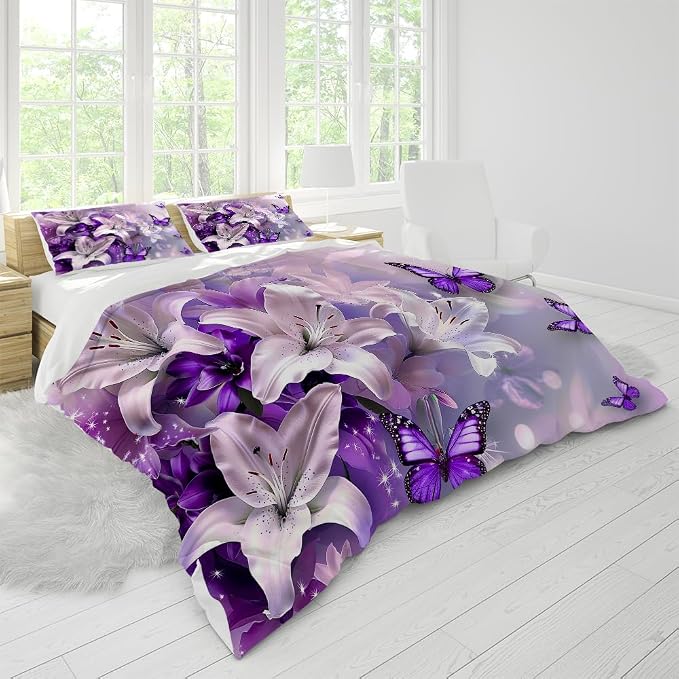 Purple Flowers Butterfly Duvet Cover King Size Graceful Purple Duvet Cover Set with Zipper Closure,Cute Floral Bedding Comforter Cover, 3 Pieces,Girls Duvet Cover 104"x88" and 2 Pillowcases