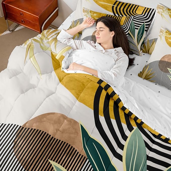 Erosebridal Mid Century Comforter Set King Size Contemporary Bohemian 7 Pcs Bedding Sets,Modern Abstract Stripes Bed in a Bag Geometric Retro Minimalism Quilt with Flat Fitted Sheet,Yellow