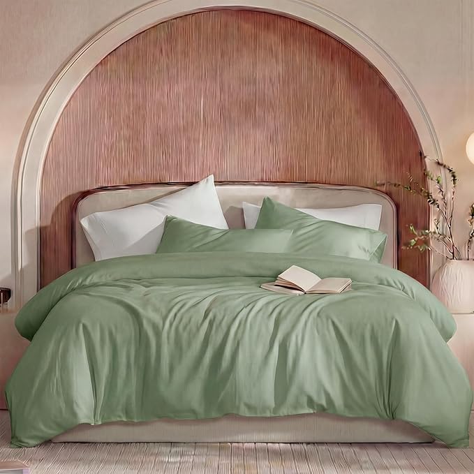 100% Washed Cotton Duvet Cover King Size – Sage Green, Linen-Like Texture, Super Soft & Breathable Bedding Set, 3-Piece Durable Percale Comforter Cover
