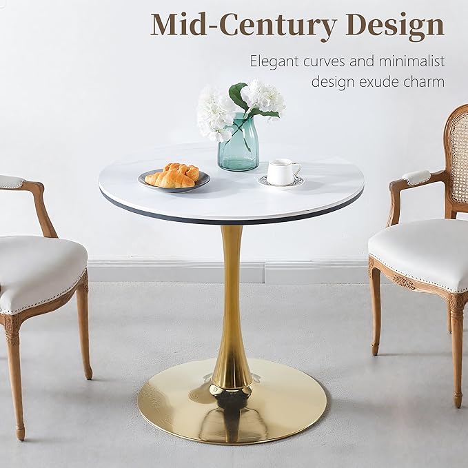 31.5 Inch Round Dining Table,Mid-Century Tulip Table with Metal Pedestal Base,Modern Leisure Table for Small Space Kitchen Dining Room,Easy Assembly,Gold and White