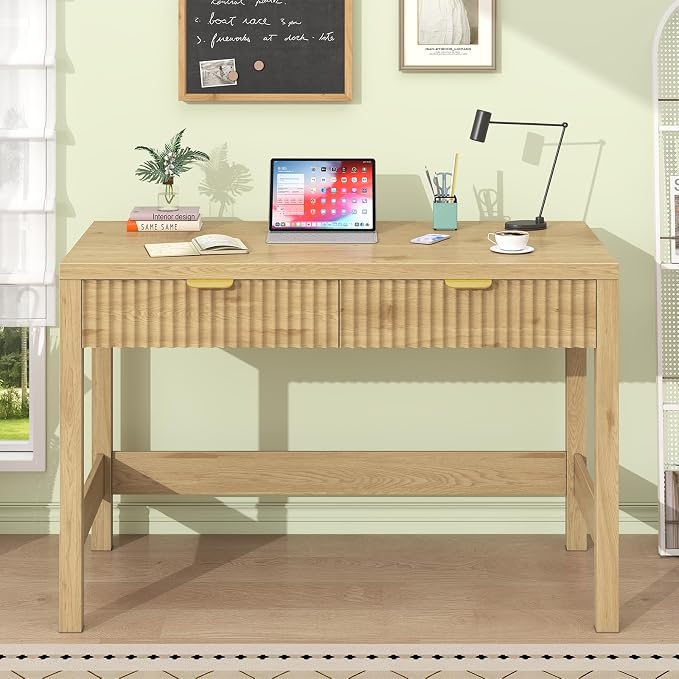 YOMILUVE Fluted Computer Desk with 2 Drawers, 39 Inch Small Computer Desk with Storage, Compact Writing Study Desk for Small Spaces