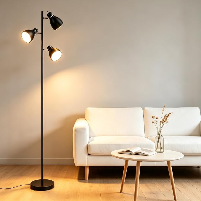 FIRVRE Modern Reading Floor Lamp, Industrial 3-Light Standing Lamp, Black Adjustable Rotation Heads, Modern Multi Head Reading Floor Lights, E26 Base