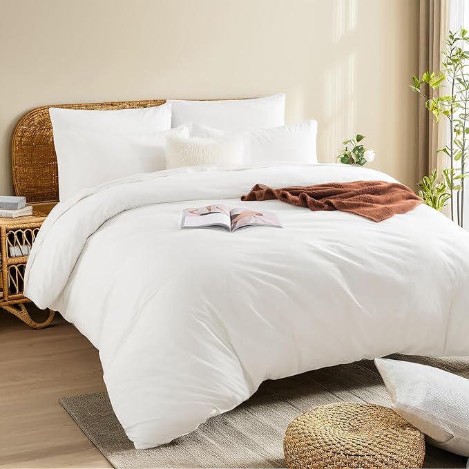 NEXHOME PRO Cotton Duvet Cover Kids Twin Size Linen Look White Organic Natural 100% Washed Cotton Duvet Cover Set 2 Pieces Bedding Set with Zipper Closure and Corner Ties, Breathable(No Comforter)