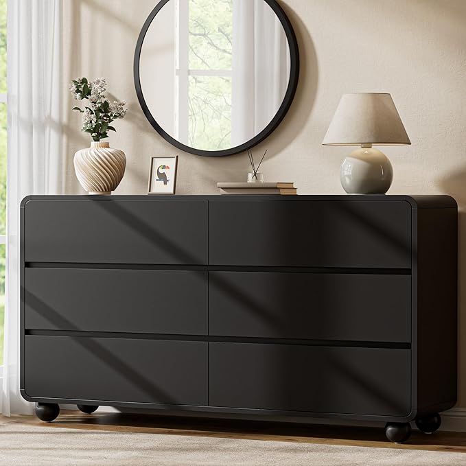 Lulive Wood Dresser for Bedroom, 53” Wide Chest of Drawers with 6 Drawers, Modern Closet Storage Drawer with Curved Profile Design for Living Room, Hallway, Entryway, Black