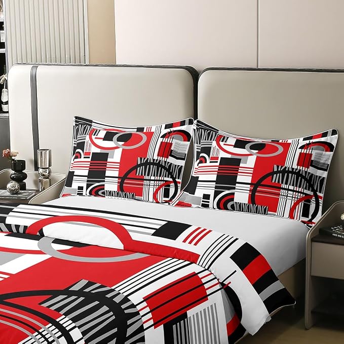 Erosebridal Art Deco Mid Century Duvet Cover Set Retro Modern Abstract Geometric 100% Cotton Comforter Cover Black and White Red Circles Stripes King Bedding Set, Contemporary Bed Sets