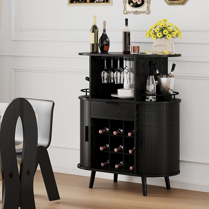 Wine Bar Storage Cabinet, Coffee bar Cabinet for Liquor with Open Wine Rack & Sliding Doors, Modern Home Bar for Living Room, Kitchen, Dining Room（Black