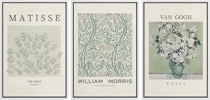 wall26 Framed Canvas Print Wall Art Set Matisse, William Morris, Van Gogh Photography Modern Rustic Scenic Colorful Multicolor for Living Room, Bedroom, Office - 16"x24"x3 White
