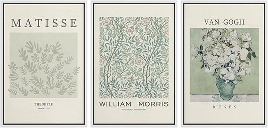 wall26 Framed Canvas Print Wall Art Set Matisse, William Morris, Van Gogh Photography Modern Rustic Scenic Colorful Multicolor for Living Room, Bedroom, Office - 24"x36"x3 White