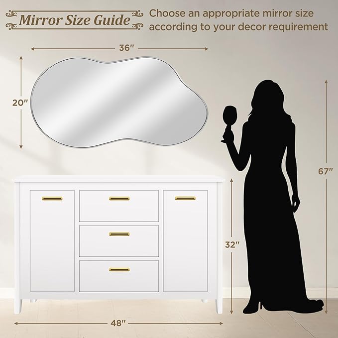 Irregular Wall Mirror - Wall Mirrors Decorative 20"x36" Silver Asymmetrical Mirror Tempered Glass Aviation Aluminum Alloy Frame for Bathroom, Bedroom, Living Room, Cloakroom, Entryway