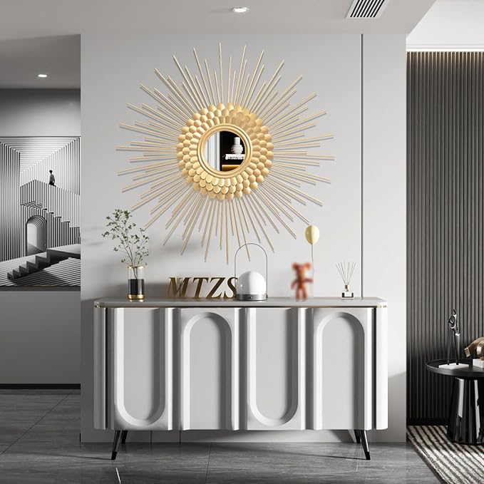 Gold Sunburst Wall Mirror, Boho Home Decorative Mirror Mordern Round Mirror for Living Room/Bedroom/Bathroom/Entryway, 35 Inch