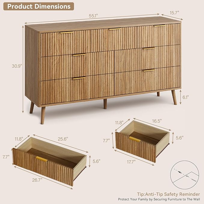 CARPETNAL Fluted Dresser and Nightstand Sets for Bedroom, 3 Pcs Bedroom Set, 7-Drawer Dresser & 2-Drawer Nightstand Set of 2, Modern Wood Chest of Drawers for Living Room, Entryway, Walnut