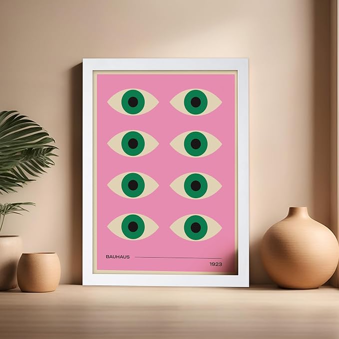 Poster Master Bauhaus Poster - Green Eyes Print - Graphic Design Art - Geometric Art - Chic Boho Art - Mid Century Modern Art - Abstract Art - Living Room or Bedroom Decor - 16x20 White Framed