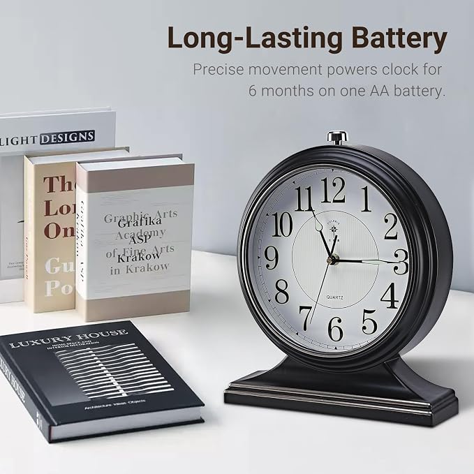 10-inch Vintage Mantel Desk Clock, Silent Desk Clock for Living Room Décor, Easy to Read Larege Retro Mantel Clocks for Fireplace and Shelf Decoration.(Black)