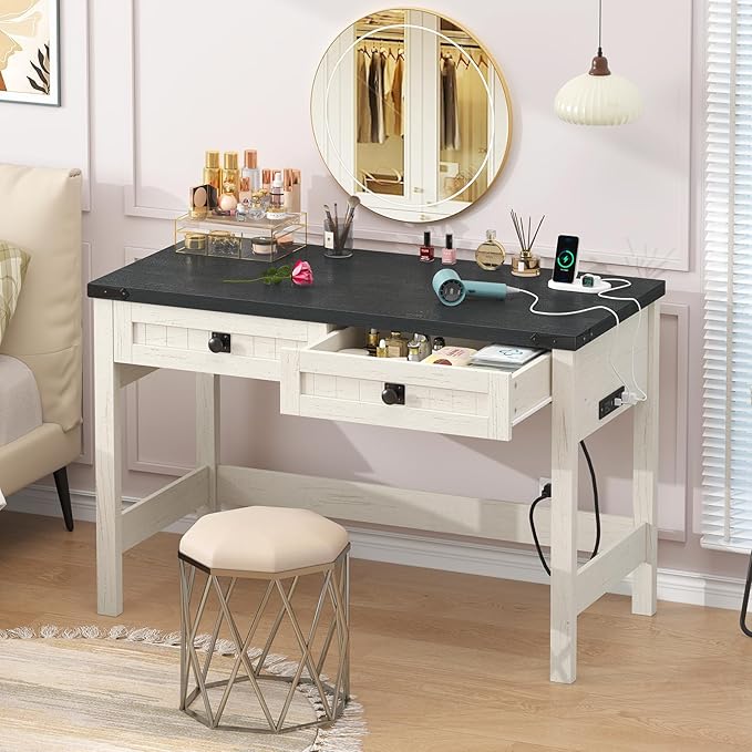 YOMILUVE Farmhouse Computer Desk with 2 Drawers, 39 Inch Small Office Computer Desk with Power Outlets, Compact Writing Study Vanity Desk for Small Spaces, Black and White