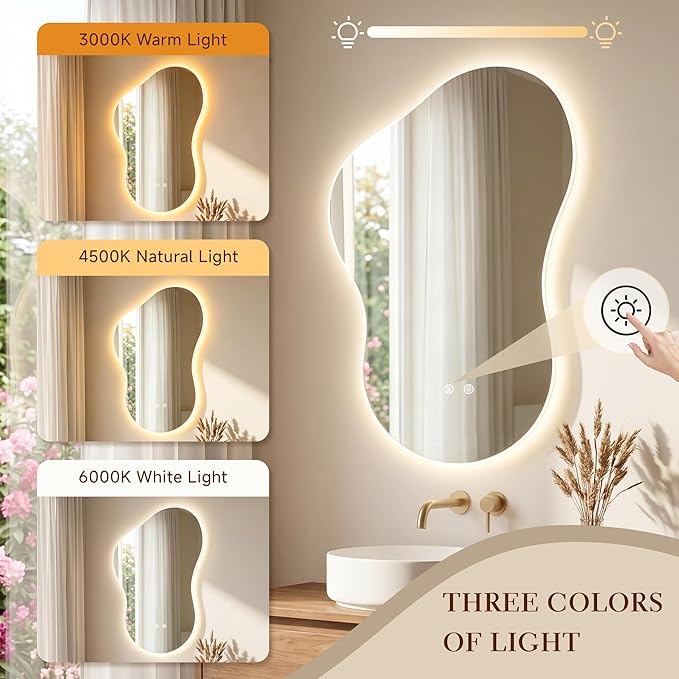 24×36 Irregular Backlit Mirror Asymmetrical Bathroom Mirror with Lights LED Dimmable Mirror for Bathroom Makeup Area